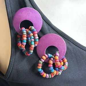 Purple boho lightweight wooden dangle circle ring loop earrings
